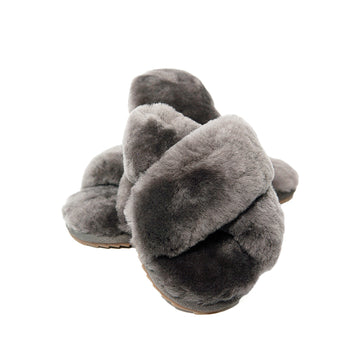Women's Cross Band Fuzzy Slippers Grey 100% natural Australian merino sheepskin Genuine Shearling Sheepskin Slippers House Slippers
